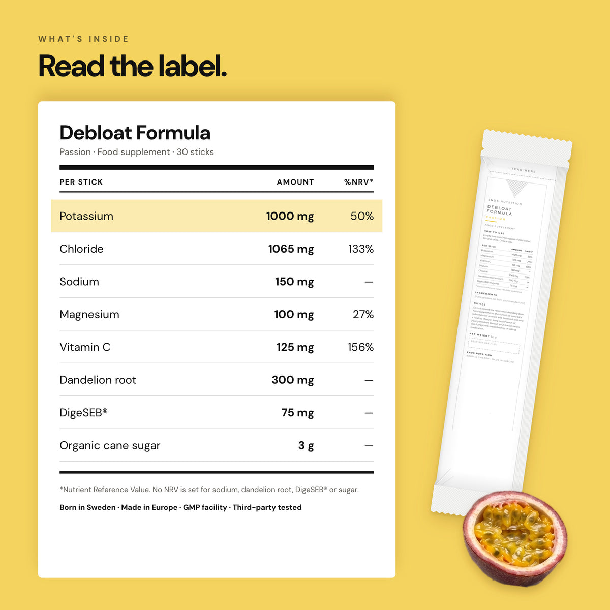 Read the label: nutrition table and the label side of the stick